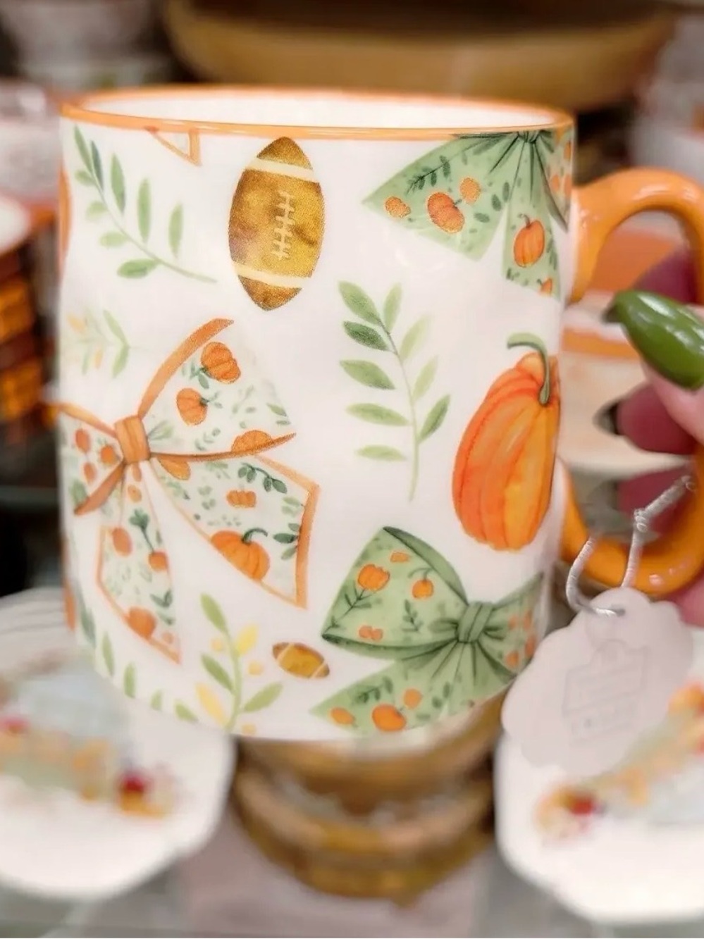 Bella 10 Strawberry Street Fall Pumpkin Football Bow Coffee Mug Autumn New